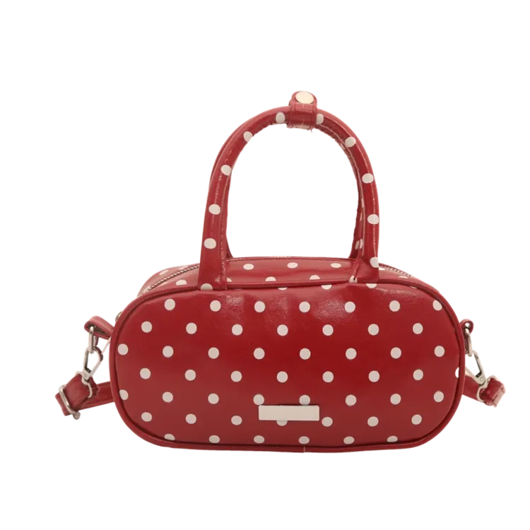 Tas Selempang Wanita Bahan PU Sintetis Motif Polkadot Warna Merah Bentuk Kotak Resleting