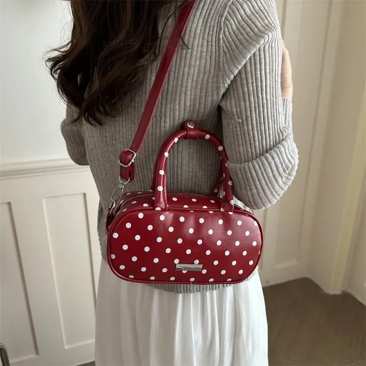 Tas Selempang Wanita Bahan PU Sintetis Motif Polkadot Warna Merah Bentuk Kotak Resleting