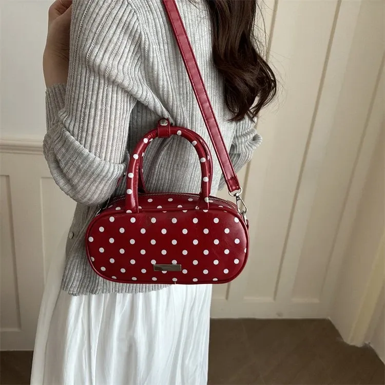 Tas Selempang Wanita Bahan PU Sintetis Motif Polkadot Warna Merah Bentuk Kotak Resleting