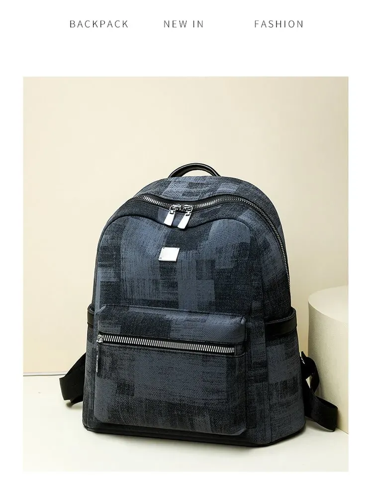 Tas Ransel Pria Bahan Kain Motif Print Warna Biru Bentuk Kotak Tali Lebar Grosir Import
