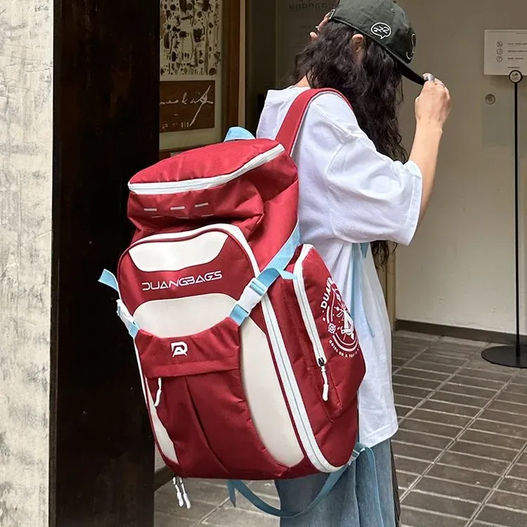 Tas Ransel Wanita Bahan Nylon Polos Warna Merah Bentuk Kotak Tali Lebar Resleting Grosir Import