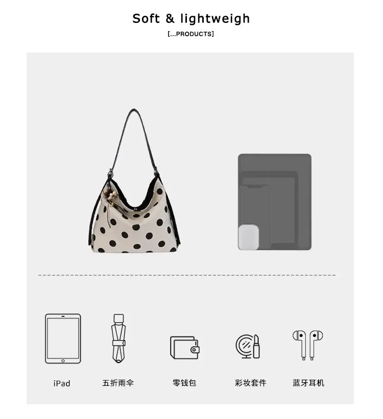 Tas Selempang Wanita Bahan PU Sintetis Motif Polkadot Warna Hitam Model Hobo Model Import