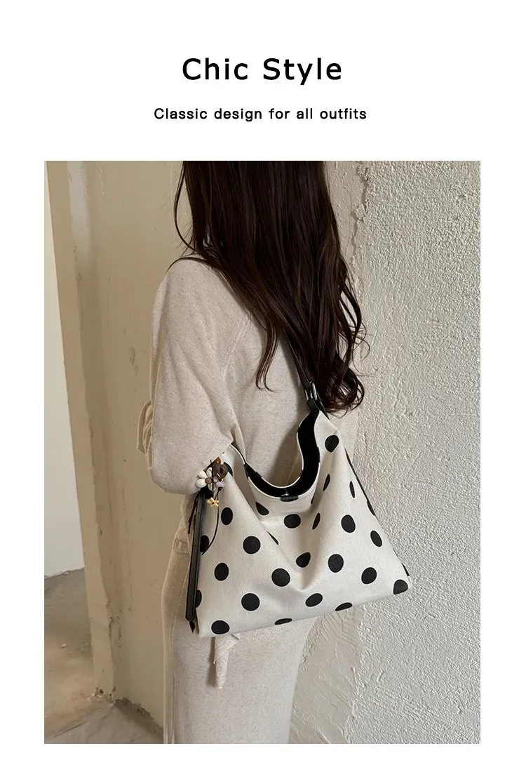 Tas Selempang Wanita Bahan PU Sintetis Motif Polkadot Warna Hitam Model Hobo Model Import