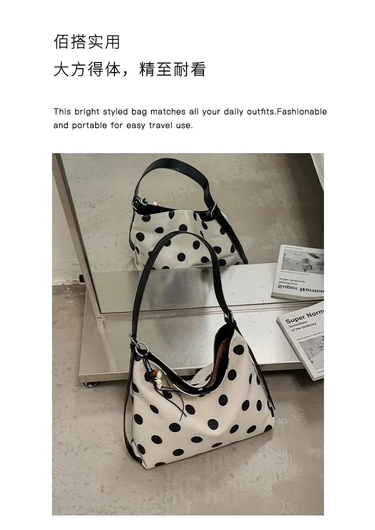 Tas Selempang Wanita Bahan PU Sintetis Motif Polkadot Warna Hitam Model Hobo Model Import