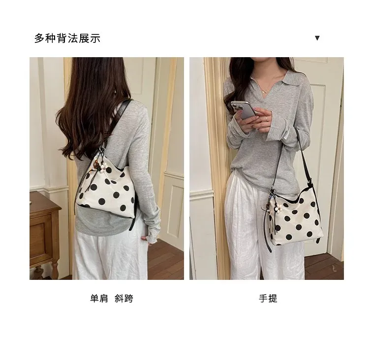 Tas Selempang Wanita Bahan PU Sintetis Motif Polkadot Model Hobo Tali Panjang Grosir Import