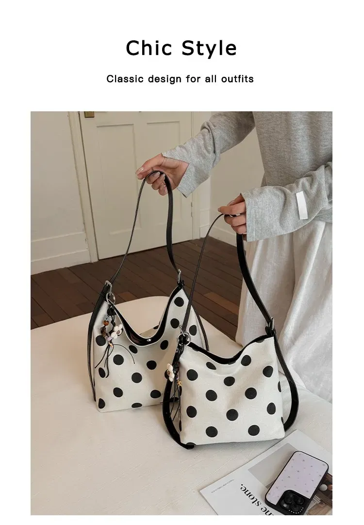 Tas Selempang Wanita Bahan PU Sintetis Motif Polkadot Model Hobo Tali Panjang Grosir Import