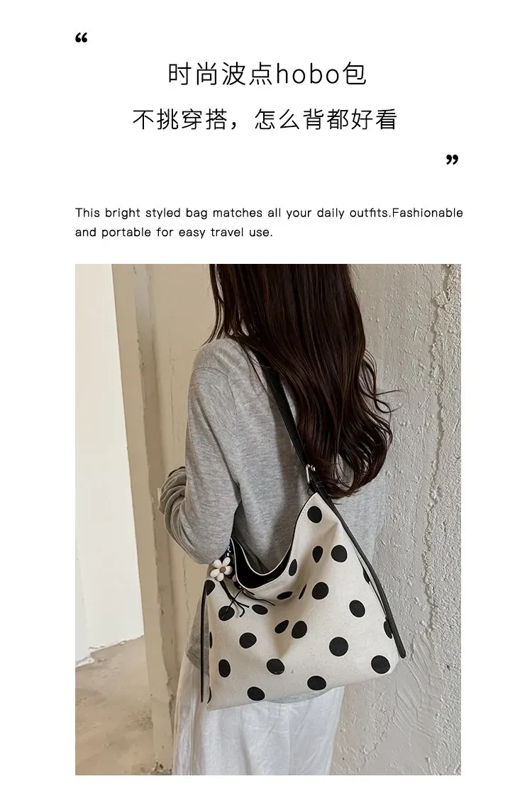 Tas Selempang Wanita Bahan PU Sintetis Motif Polkadot Model Hobo Tali Panjang Grosir Import