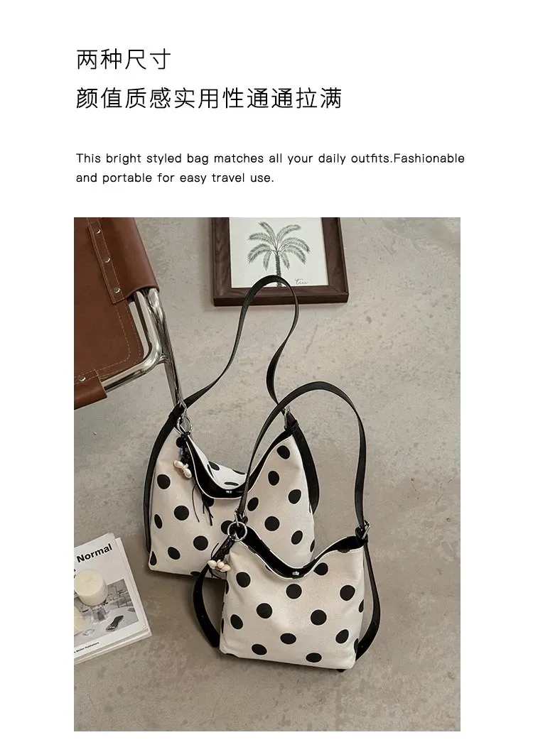 Tas Selempang Wanita Bahan PU Sintetis Motif Polkadot Model Hobo Tali Panjang Grosir Import