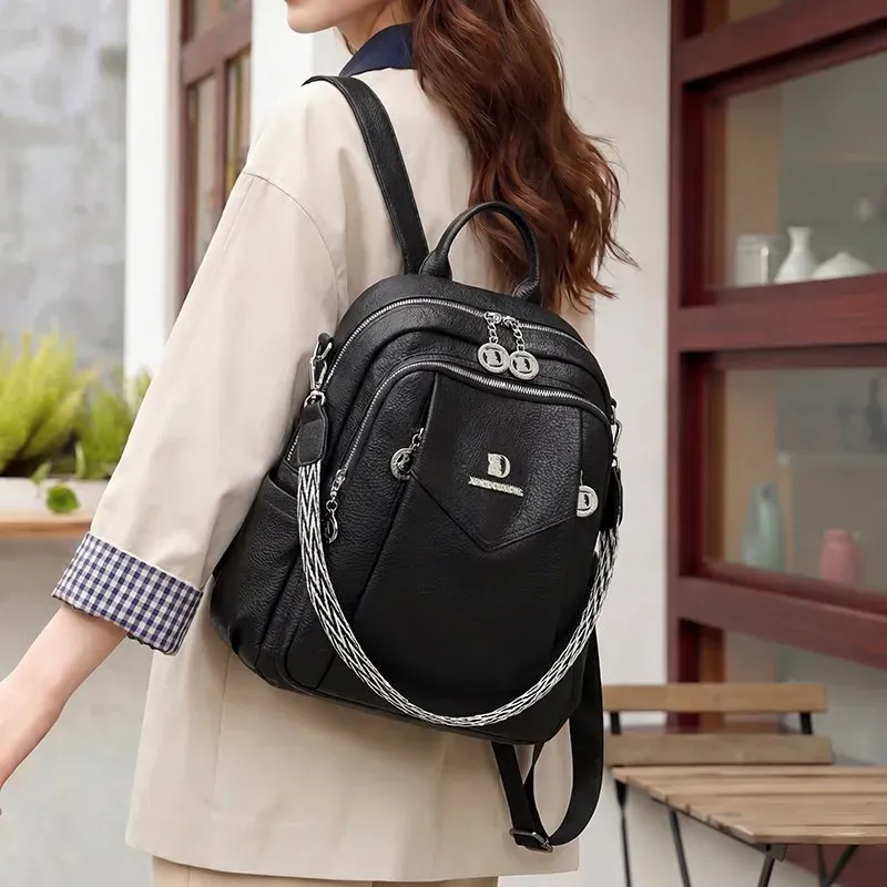 Tas Ransel Wanita Bahan PU Sintetis Polos Warna Hitam Bentuk Kotak Tali Lebar Stok China
