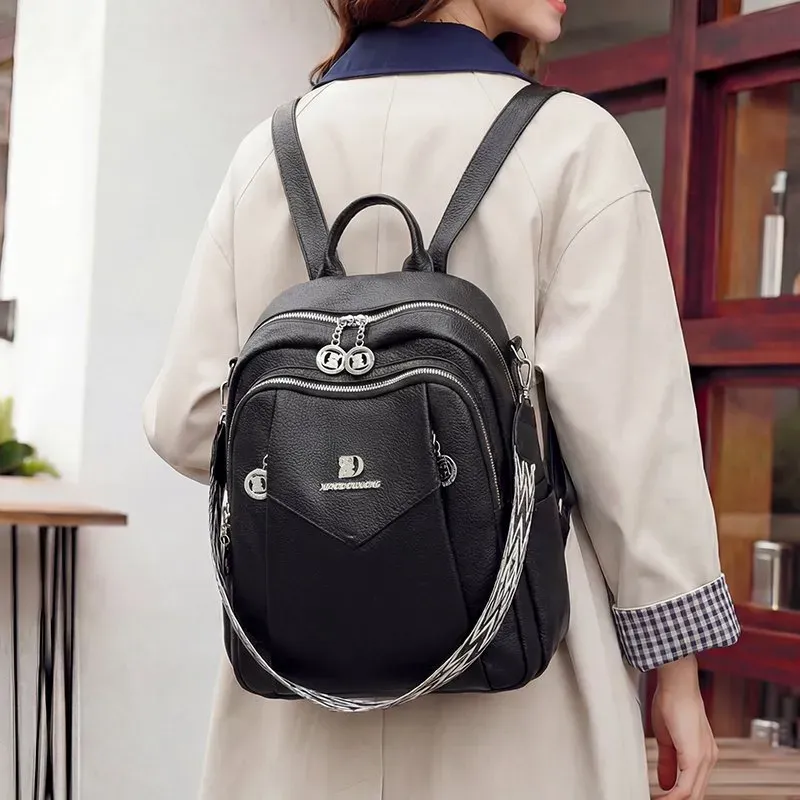Tas Ransel Wanita Bahan PU Sintetis Polos Warna Hitam Bentuk Kotak Tali Lebar Stok China