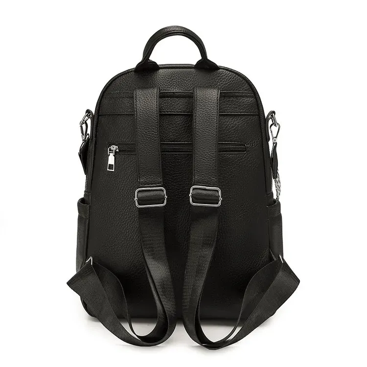 Tas Ransel Wanita Bahan PU Sintetis Polos Warna Hitam Bentuk Kotak Tali Lebar Kapasitas Besar