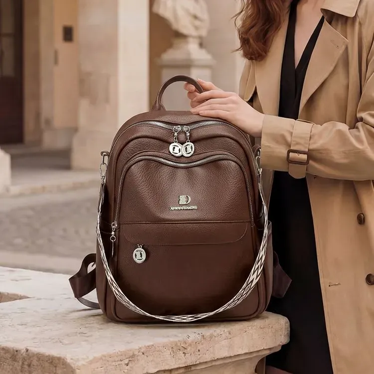 Tas Ransel Wanita Bahan PU Sintetis Polos Warna Hitam Bentuk Kotak Tali Lebar Kapasitas Besar
