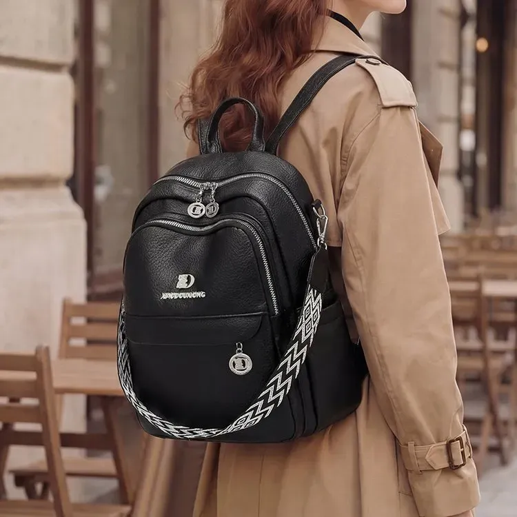 Tas Ransel Wanita Bahan PU Sintetis Polos Warna Hitam Bentuk Kotak Tali Lebar Kapasitas Besar