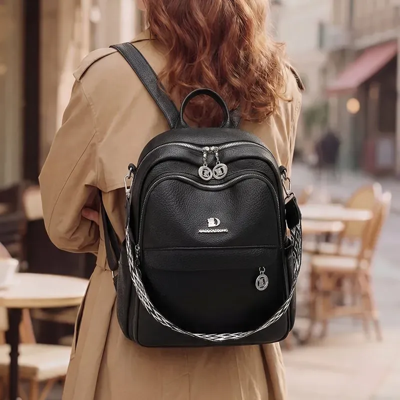 Tas Ransel Wanita Bahan PU Sintetis Polos Warna Hitam Bentuk Kotak Tali Lebar untuk Jualan