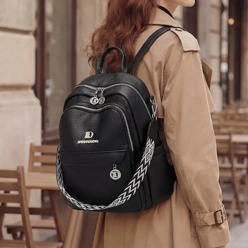 Tas Ransel Wanita Bahan PU Sintetis Polos Warna Hitam Bentuk Kotak Tali Lebar untuk Jualan
