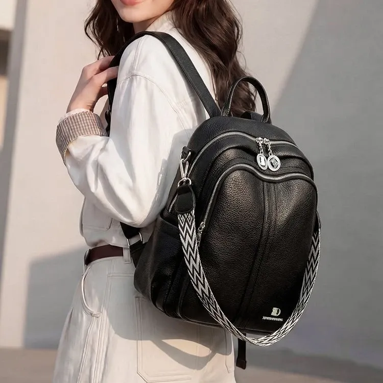 Tas Ransel Wanita Bahan PU Sintetis Polos Warna Hitam Bentuk Kotak Tali Lebar Stok Grosir