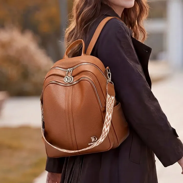 Tas Ransel Wanita Bahan PU Sintetis Polos Warna Hitam Bentuk Kotak Tali Lebar Stok Grosir