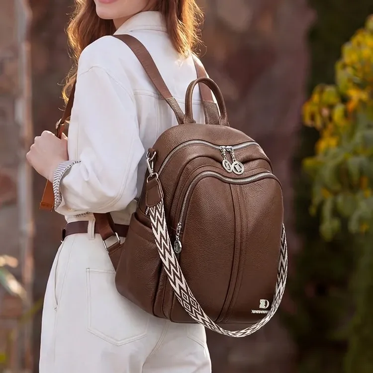 Tas Ransel Wanita Bahan PU Sintetis Polos Warna Hitam Bentuk Kotak Tali Lebar Stok Grosir