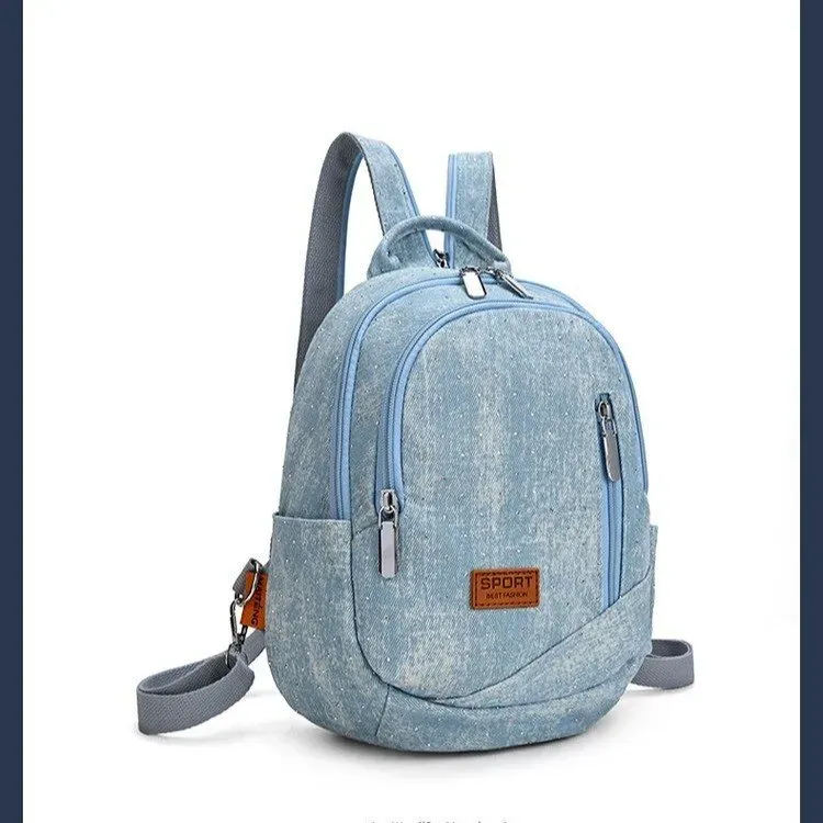 Tas Ransel Wanita Bahan PU Sintetis Polos Warna Biru Bentuk Kotak Tali Lebar Bahan Denim