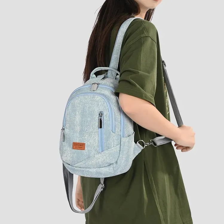 Tas Ransel Wanita Bahan PU Sintetis Polos Warna Biru Bentuk Kotak Tali Lebar Bahan Denim