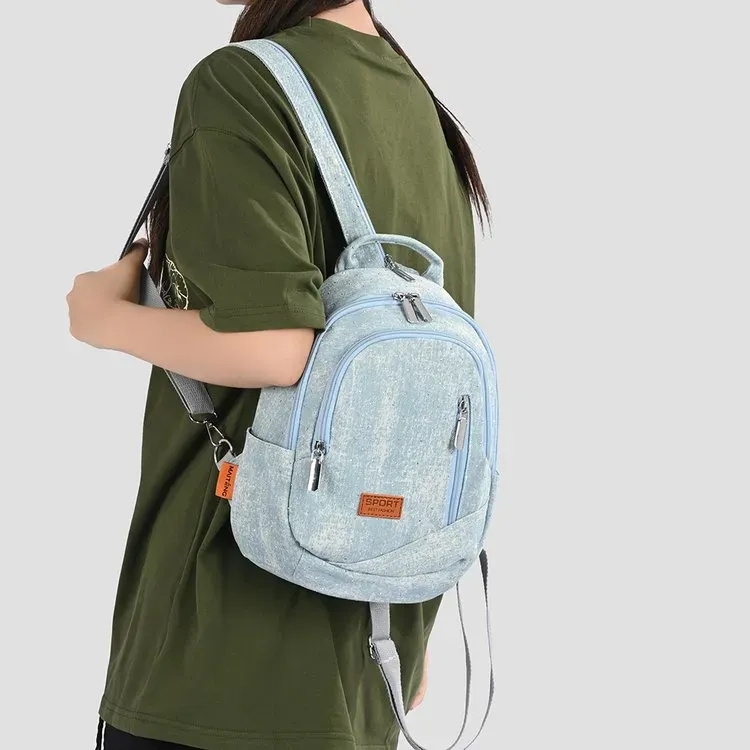 Tas Ransel Wanita Bahan PU Sintetis Polos Warna Biru Bentuk Kotak Tali Lebar Bahan Denim