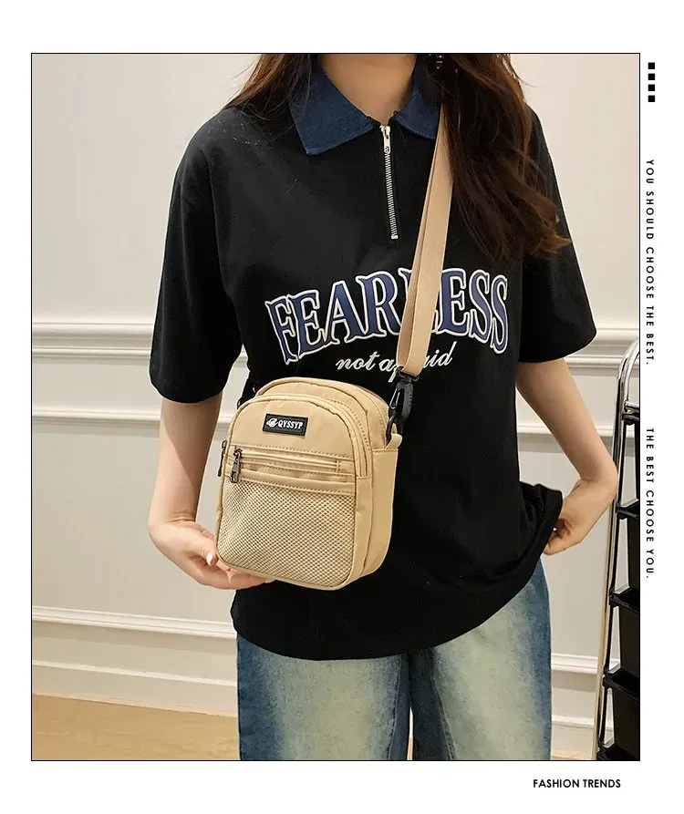 Tas Selempang Wanita Bahan Nylon Polos Bentuk Kotak Tali Panjang Resleting untuk Jualan Online