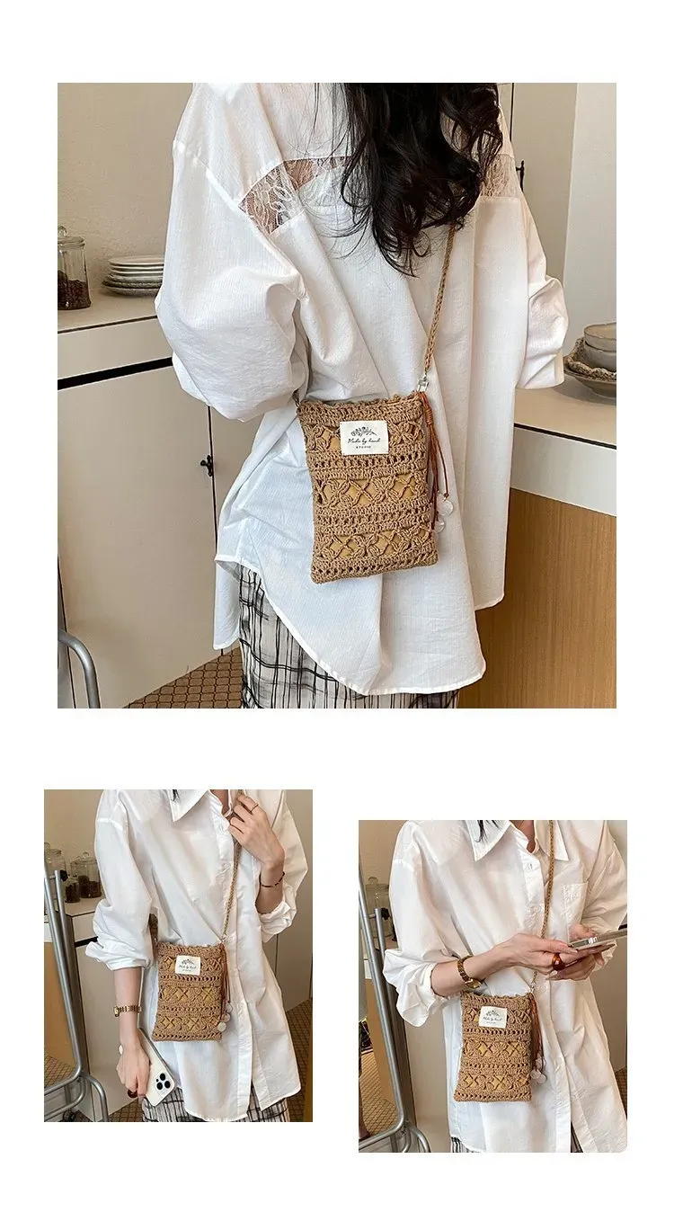 Tas Selempang Wanita Bahan PU Sintetis Tekstur Anyam Bentuk Kotak Tali Panjang Warna Putih