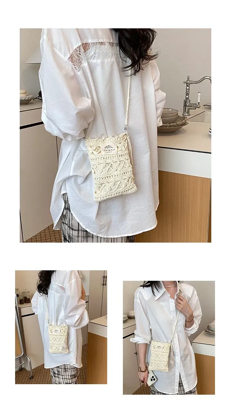 Tas Selempang Wanita Bahan PU Sintetis Tekstur Anyam Bentuk Kotak Tali Panjang Warna Putih