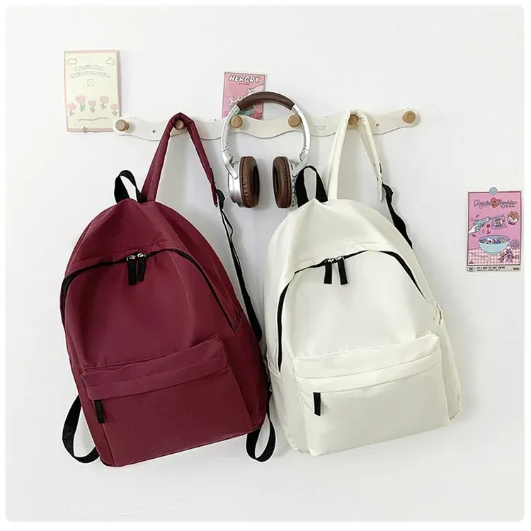 Tas Ransel Wanita Bahan Nylon Polos Warna Putih Bentuk Kotak Tali Lebar Resleting Grosir Import