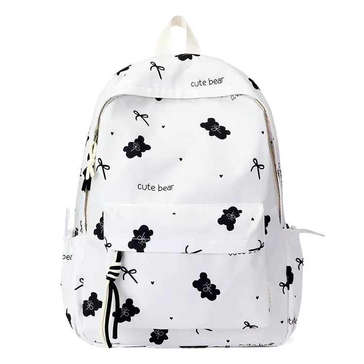 Tas Ransel Wanita Bahan Nylon Motif Print Warna Putih Bentuk Kotak Tali Lebar Resleting Grosir