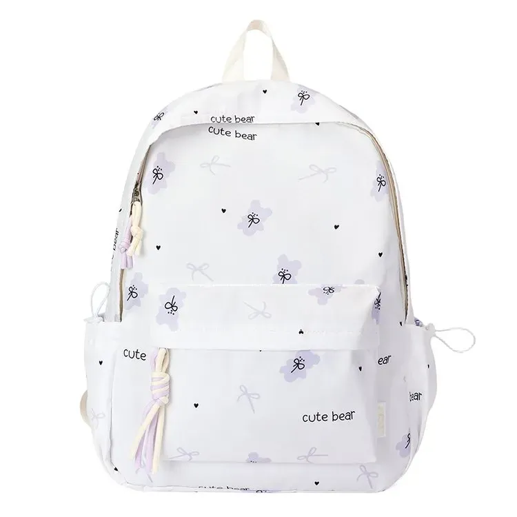 Tas Ransel Wanita Bahan Nylon Motif Print Warna Putih Bentuk Kotak Tali Lebar Resleting Grosir