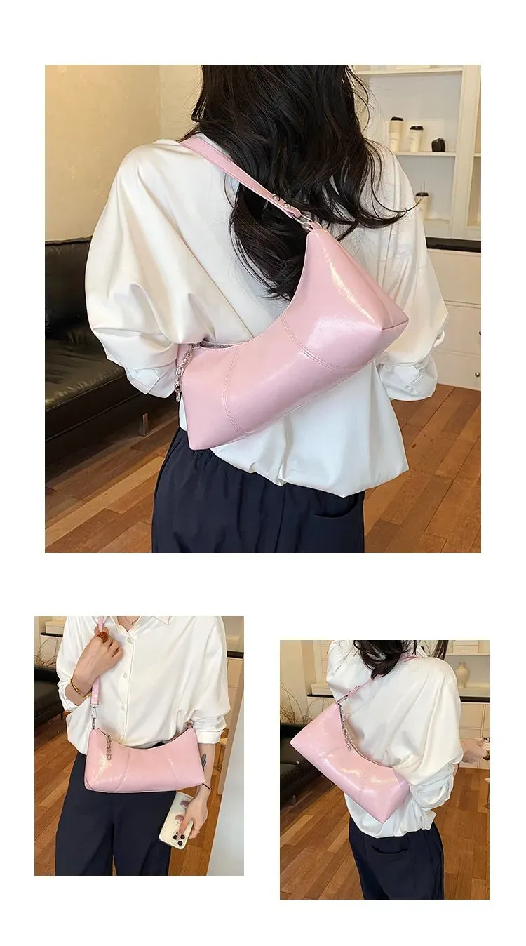 Tas Selempang Wanita Bahan PU Sintetis Polos Warna Hitam Model Hobo Tali Rantai Grosir Import