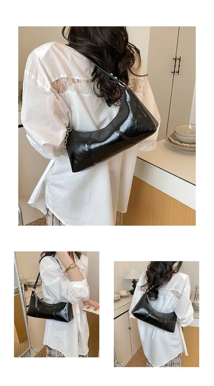 Tas Selempang Wanita Bahan PU Sintetis Polos Warna Hitam Model Hobo Tali Rantai Grosir Import