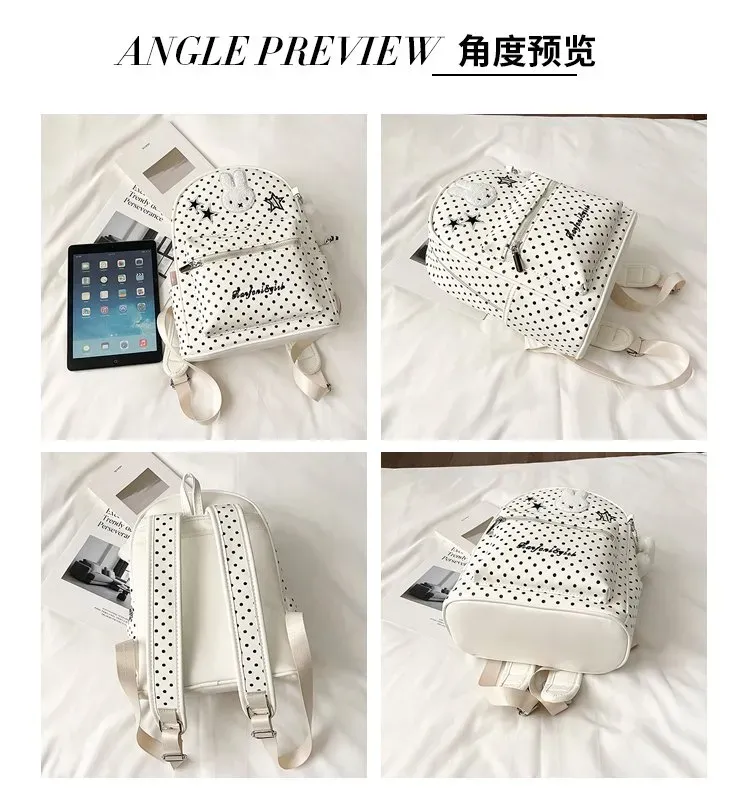Tas Ransel Wanita Bahan PU Sintetis Motif Polkadot Warna Putih Bentuk Kotak Tali Koleksi