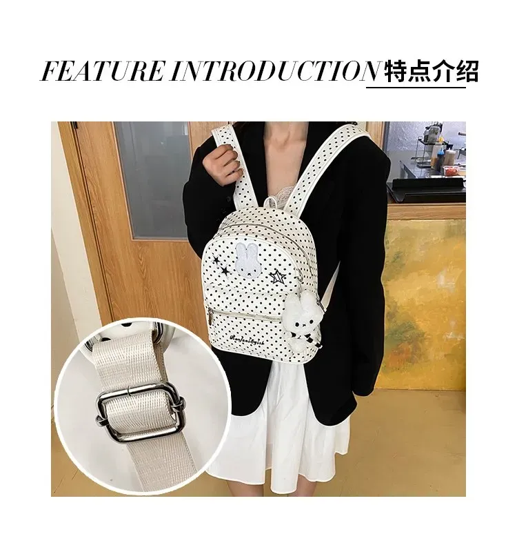 Tas Ransel Wanita Bahan PU Sintetis Motif Polkadot Warna Putih Bentuk Kotak Tali Koleksi