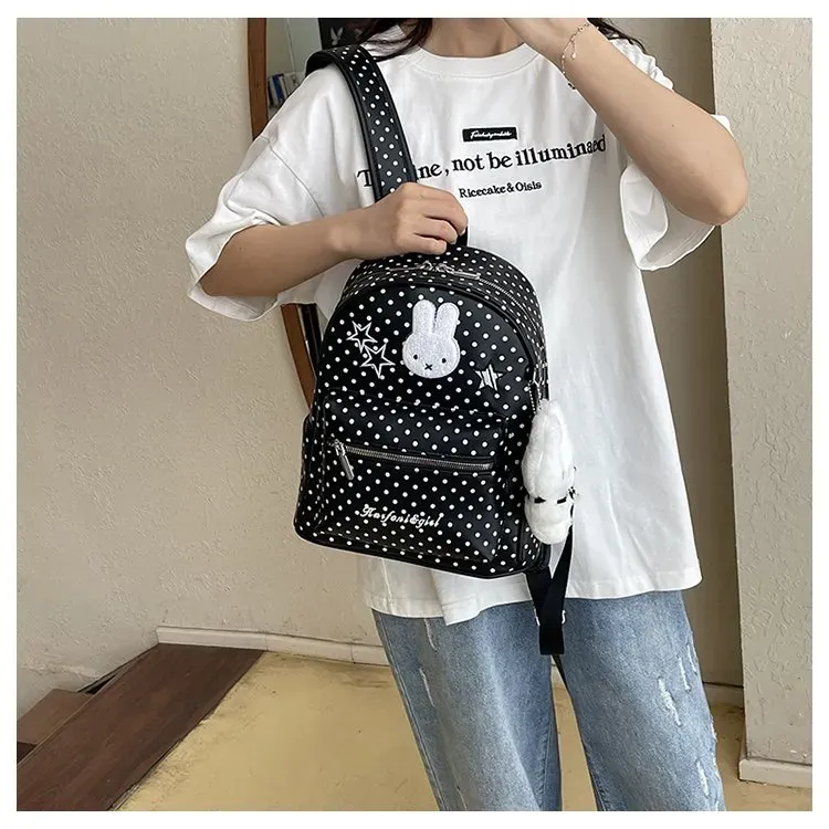 Tas Ransel Wanita Bahan PU Sintetis Motif Polkadot Warna Putih Bentuk Kotak Tali Koleksi