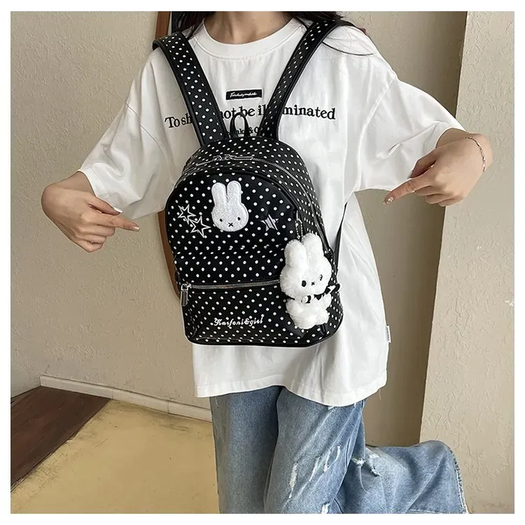 Tas Ransel Wanita Bahan PU Sintetis Motif Polkadot Warna Putih Bentuk Kotak Tali Koleksi