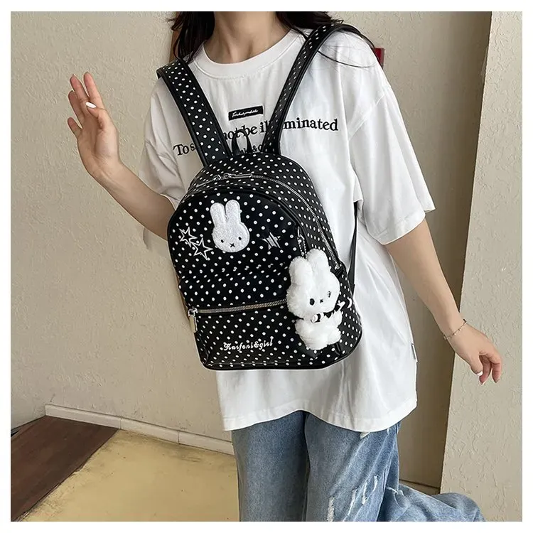 Tas Ransel Wanita Bahan PU Sintetis Motif Polkadot Warna Putih Bentuk Kotak Tali Koleksi