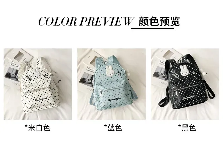 Tas Ransel Wanita Bahan PU Sintetis Motif Polkadot Warna Putih Bentuk Kotak Tali Koleksi
