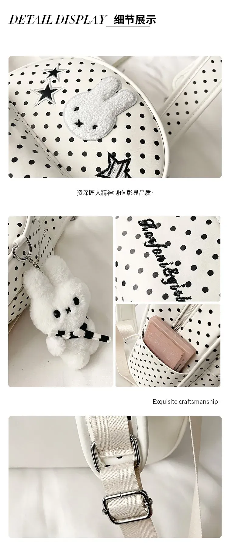 Tas Ransel Wanita Bahan PU Sintetis Motif Polkadot Warna Putih Bentuk Kotak Tali Koleksi