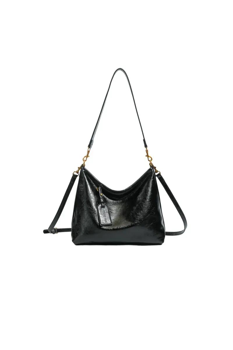 Tas Selempang Wanita Bahan PU Sintetis Polos Warna Hitam Model Hobo Tali Panjang Pilihan