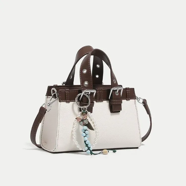 Tas Selempang Wanita Bahan PU Sintetis Polos Warna Putih Bentuk Kotak Tali Dengan Gantungan