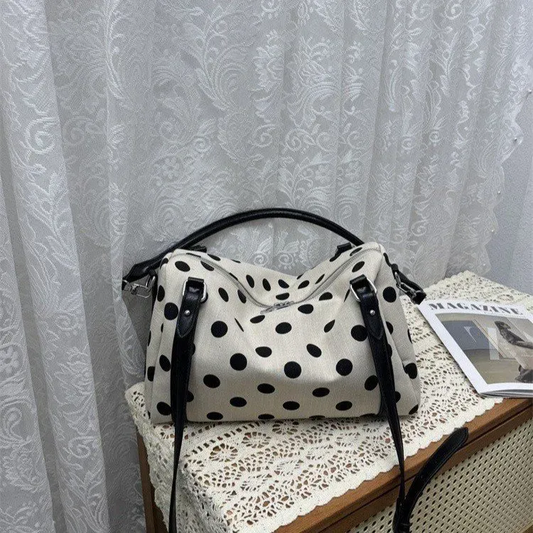 Tas Selempang Wanita Bahan PU Sintetis Motif Polkadot Warna Hitam Bentuk Kotak untuk Toko