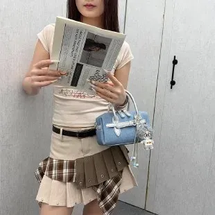 Tas Selempang Wanita Bahan PU Sintetis Polos Warna Biru Bentuk Kotak Tali Dengan Gantungan