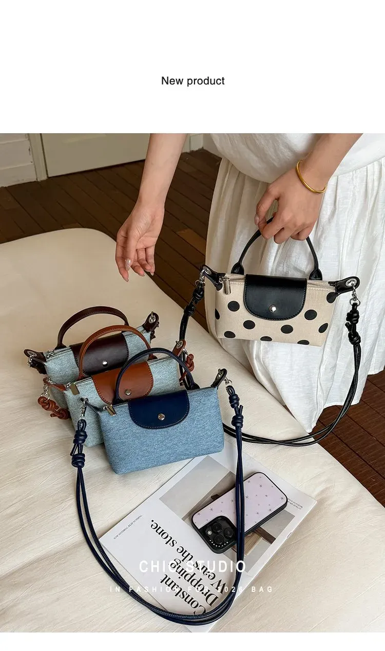 Tas Selempang Wanita Bahan PU Sintetis Motif Polkadot Bentuk Kotak Tali Panjang Model Flap
