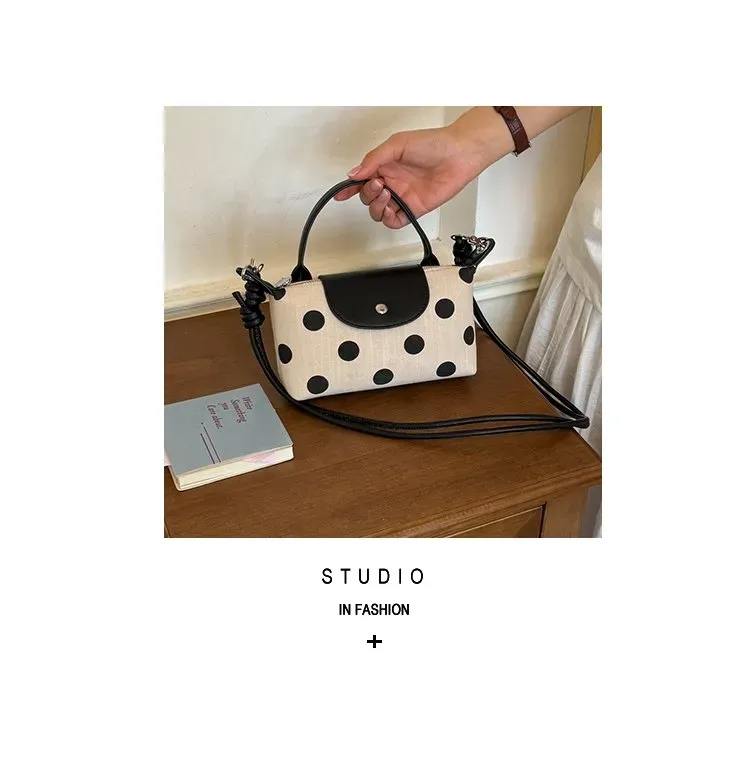 Tas Selempang Wanita Bahan PU Sintetis Motif Polkadot Bentuk Kotak Tali Panjang Model Flap