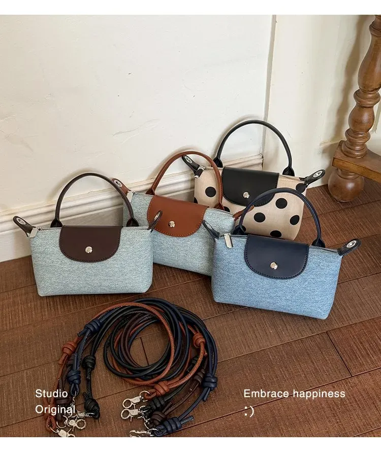 Tas Selempang Wanita Bahan PU Sintetis Motif Polkadot Bentuk Kotak Tali Panjang Model Flap