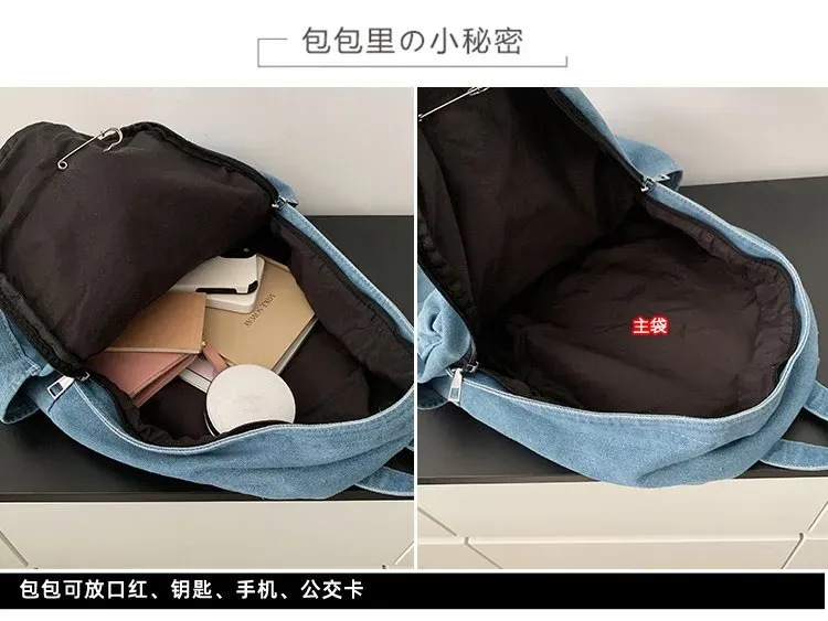 Tas Ransel Wanita Bahan Denim Polos Warna Biru Bentuk Kotak Tali Lebar Resleting Warna Hitam