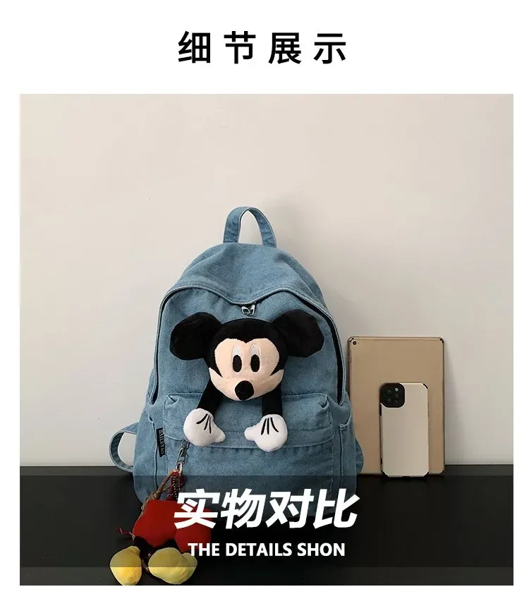 Tas Ransel Wanita Bahan Denim Polos Warna Biru Bentuk Kotak Tali Lebar Resleting Warna Hitam