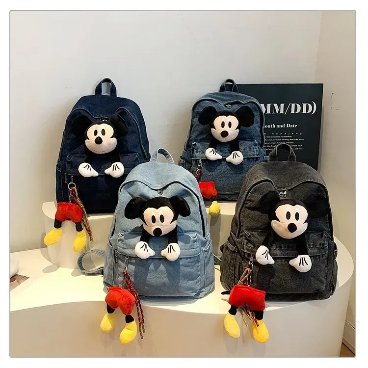 Tas Ransel Wanita Bahan Denim Polos Warna Biru Bentuk Kotak Tali Lebar Resleting Warna Hitam